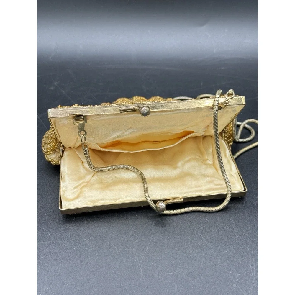 Vintage Gold Beaded Clam Shell Evening Bag Flapper Art Deco Cocktail Purse Chain